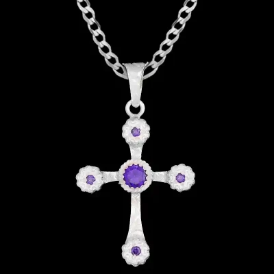 A custom silver cross pendant necklace for men and women, western-inspired design. featuring purple zirconia stones